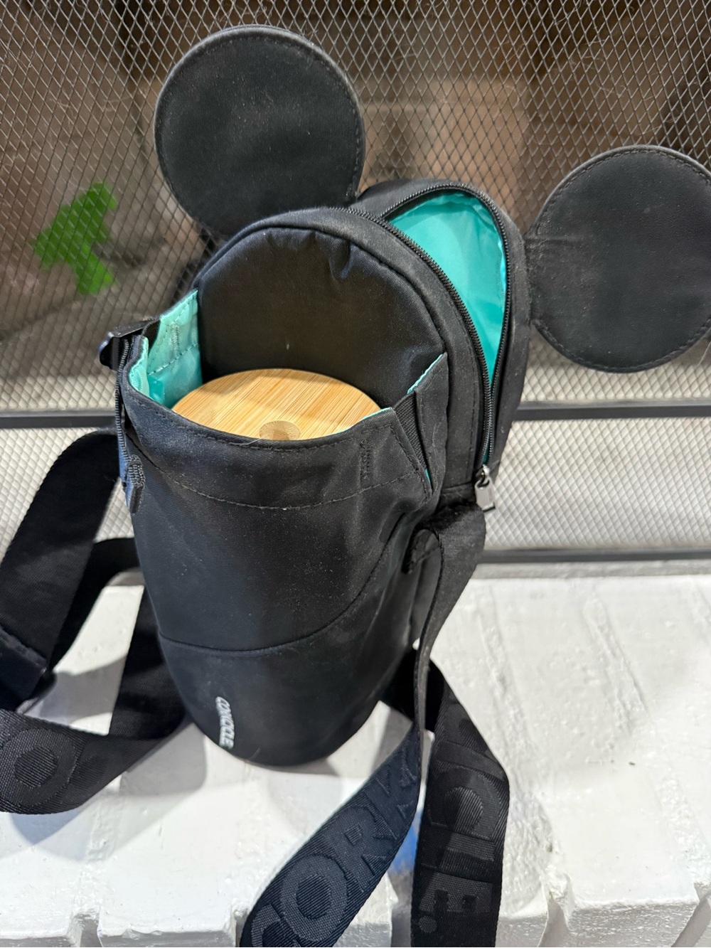 Corkcicle Mickey Ear Black Crossbody Bottle Bag with Teal Lining